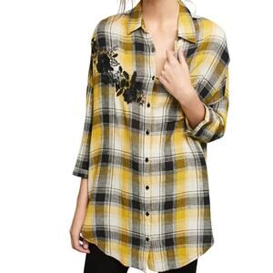 Anthropologie Maeve Plaid Flannel Tunic XS/S Oversized Embroidered Floral Shirt